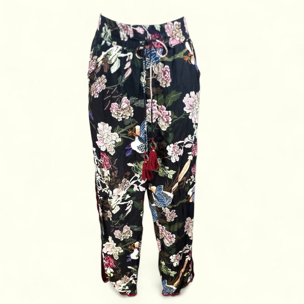 Z&L Europe Size Med Black Botanical Women's Straight Leg Pants‎ w Velvet crochet